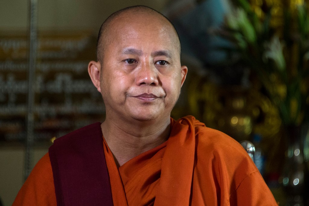 Ultra-nationalist monk Wirathu meets with supporters at a monastery in Yangon on March 10, 2018 to give a sermon marking the end of a year-long ban on public speaking. (Ye Aung Thu / AFP)