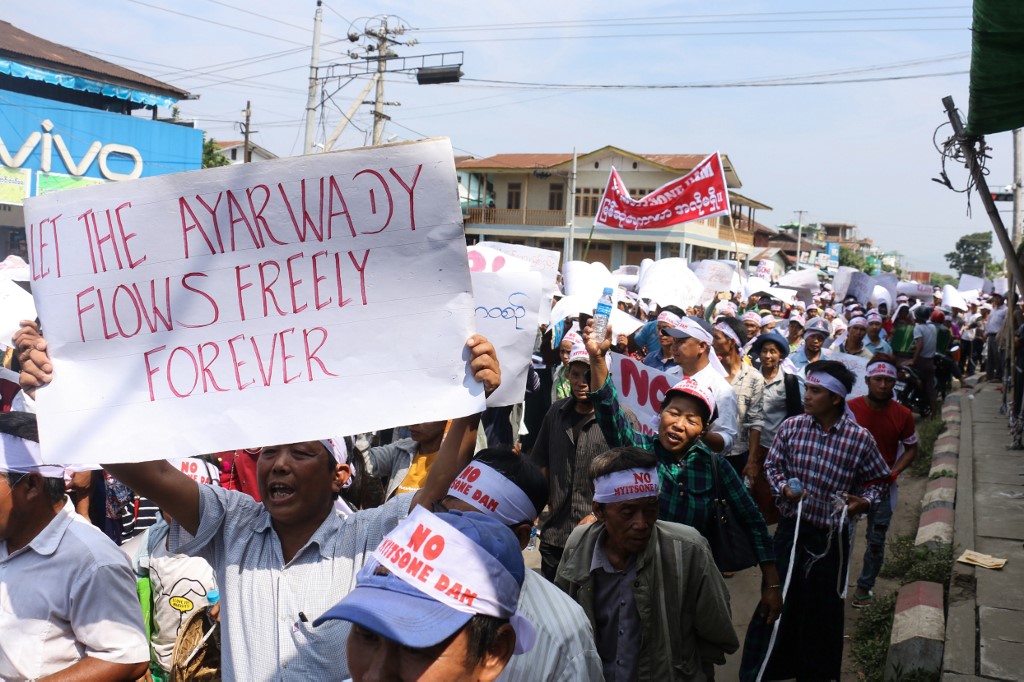 People from Kachin state take part in a protest against the Irrawaddy Myitsone dam project in Waimaw, near the Myitkyina capital of Kachin State, on April 22. (Zau Ring HPRA / AFP)