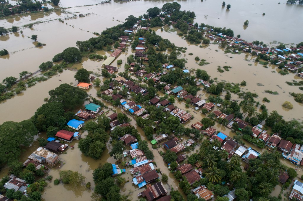 This aerial view shows the flooding in Shwegyin township, Bago region on August 8, 2019. (Sai Aung Main / AFP)
