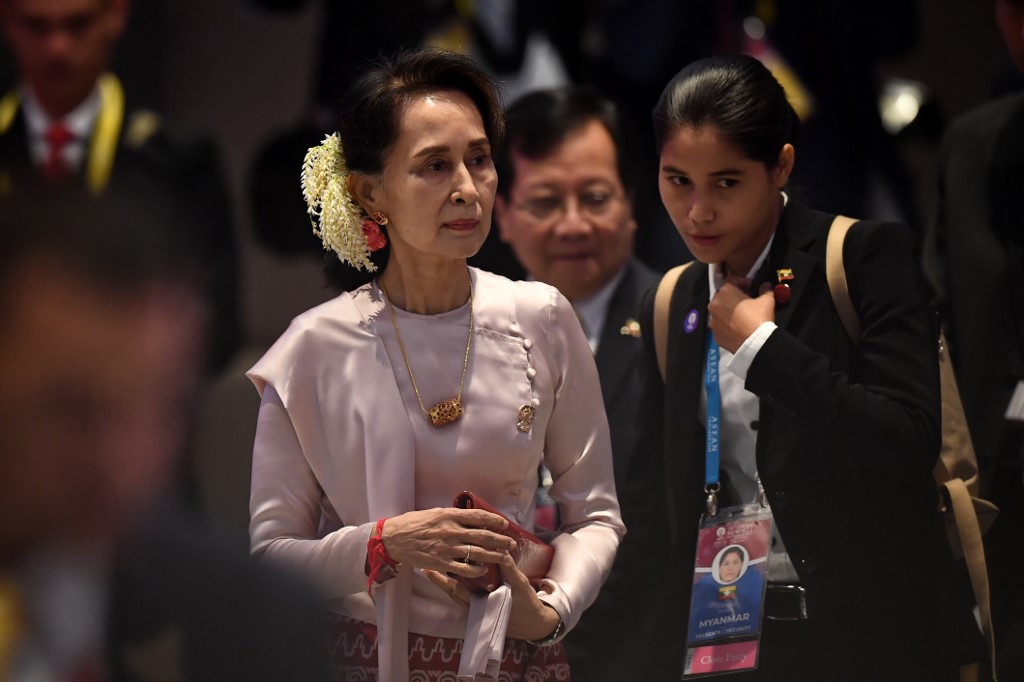 Myanmar State Counsellor Aung San Suu Kyi attends the plenary session of the 35th Association of Southeast Asian Nations (ASEAN) summit in Bangkok on November 2, 2019. (Lillian Suwanrumpha / AFP)