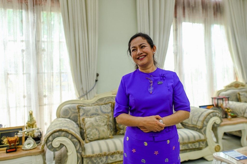 Thet Thet Khine, chairman of the People's Pioneer Party (PPP), talks during an interview in her house in Yangon. (Ye Aung Thu / AFP)