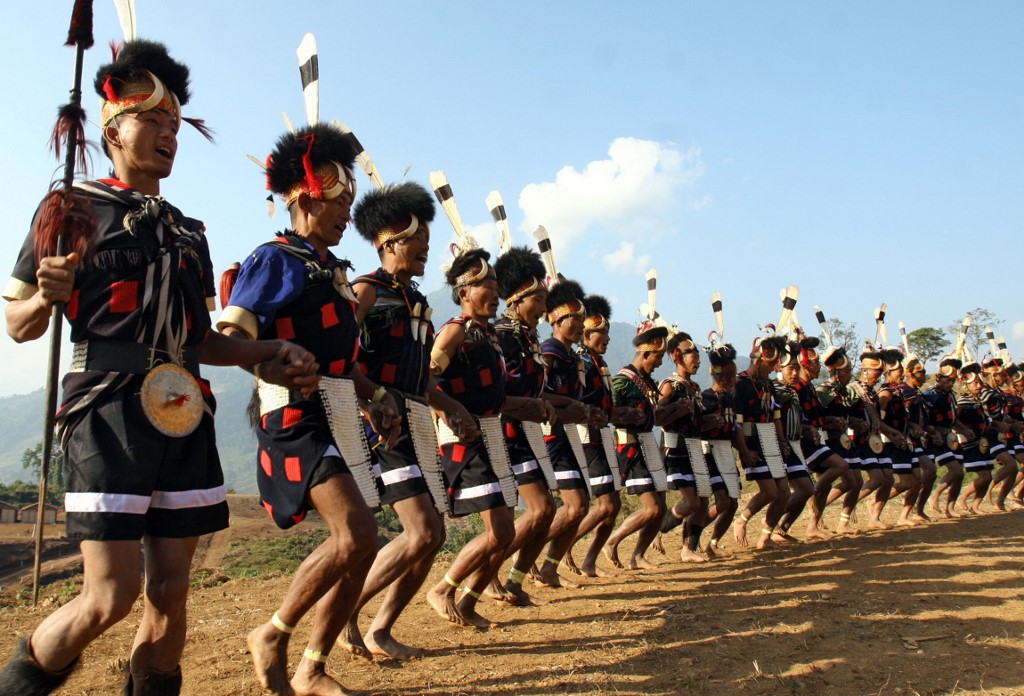  Naga tribesmen clad in traditional outfits are seen during celebrations New Year after their harvest in Hkamti township in northwestern Myanmar bordering India's Assam state. (Khin Maung Win / AFP) 