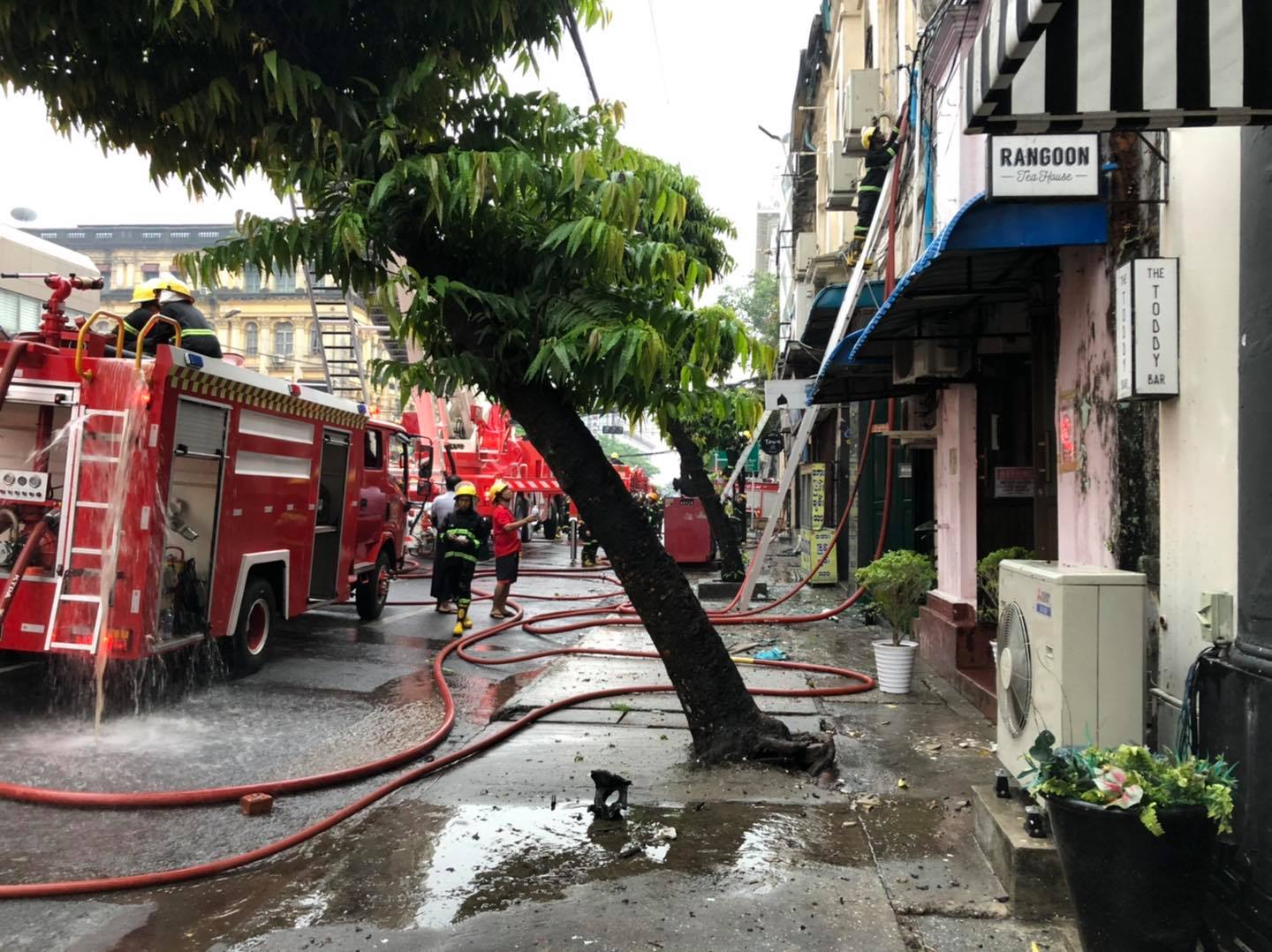 Firefighters outside Rangoon Tea House in downtown Yangon. (Facebook / Rangoon Tea House)
