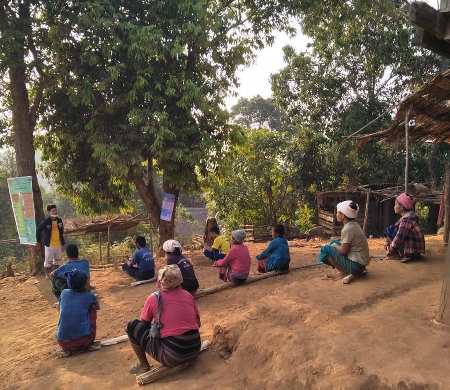 Community-based organisations raise awareness of Covid-19 in rural areas of Karen state. (Matthew Walsh / Twitter)