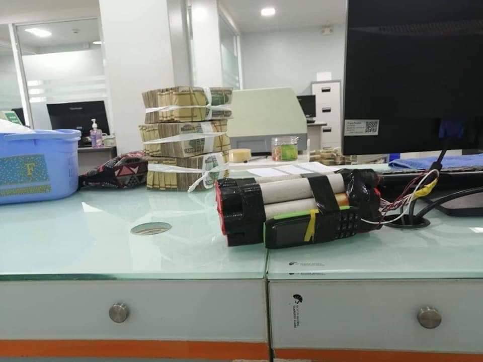 A photo purportedly showing the fake bomb used by the robbers at the CB Bank branch. (Kyaw Swar Myint / Facebook)