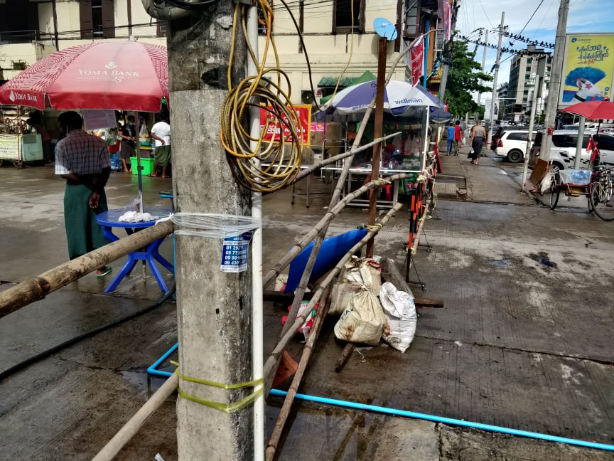 A makeshift barricade blocking upper 51 Street in downtown Yangon. (Myanmar Mix)
