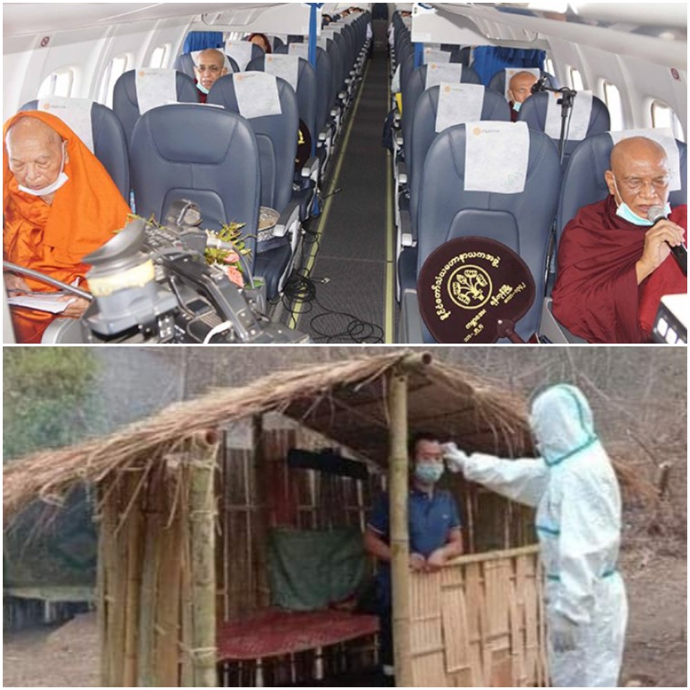 Above: Senior Buddhist monks recite parittas mid-air yesterday. (MNA) Below: A health worker screens a man's temperature in a makeshift quarantine hut. (Matt Walsh / Twitter)
