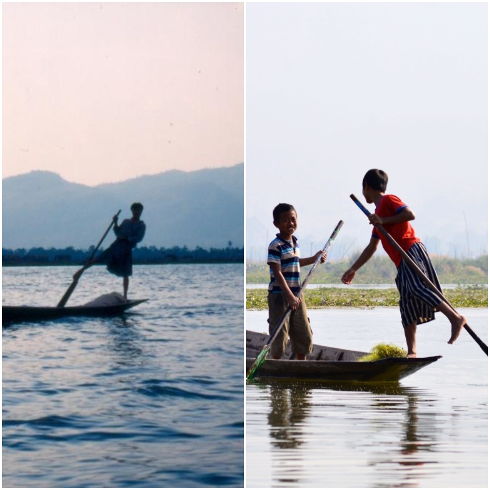 A fisherman on Inle Lake in 1996 and boys on the lake in 2019. (Visit Myanmar and Ben Frederick respectively) 