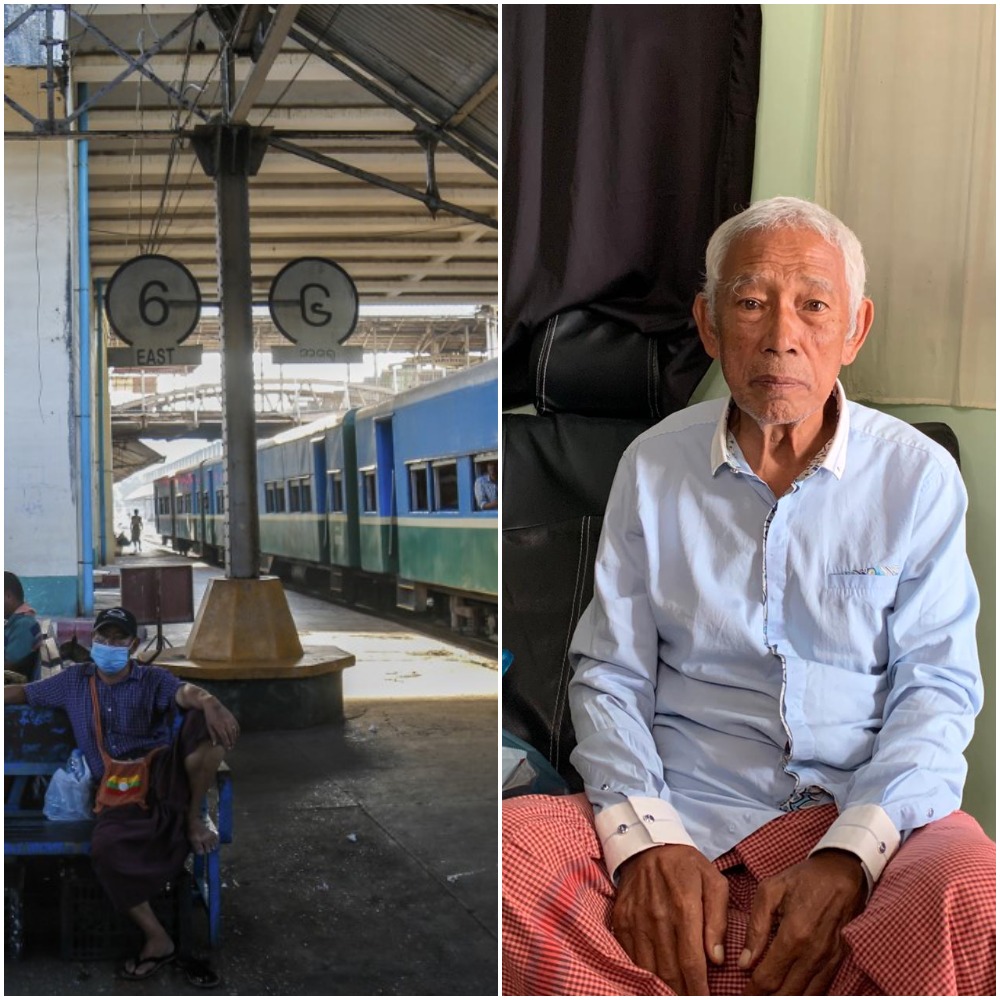 (L-R) A man wearing a mask waits at Yangon Central Railway Station and Myint Hlaing, who has been stranded in Yangon for months. (Supplied)