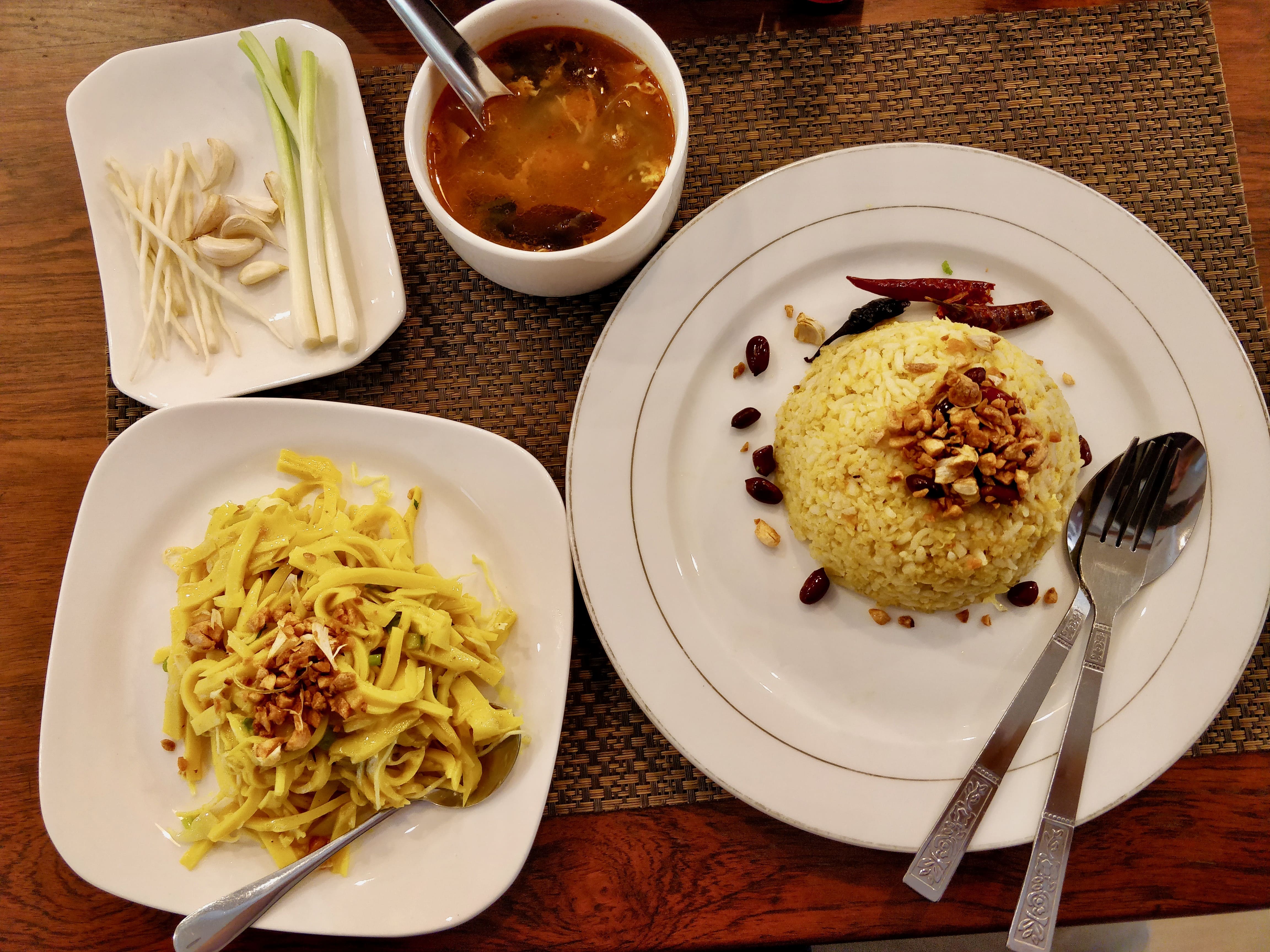 Tofu salad, soup and fried rice mashed with fish at Taungoo Food House. (Myanmar Mix)