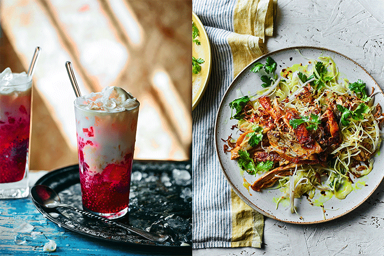 Faluda and kyet thar thoke— Burmese falooda and spiced chicken salad. (Photographs by Martin Poole)