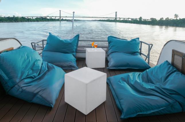 Beanbags on the back deck of the Moken Treasure provide the perfect spot for cocktails. (Marie Starr)
