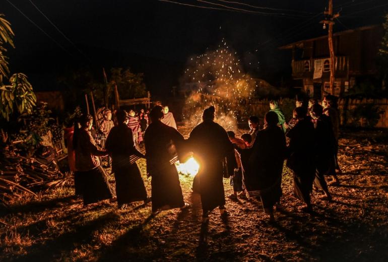 This photo taken on February 6, 2020 shows Naga tribeswomen taking part in an overnight ceremony to bless the harvest in Satpalaw Shaung village, Lahe township in Myanmar's Sagaing region. (Ye Aung Thu / AFP)