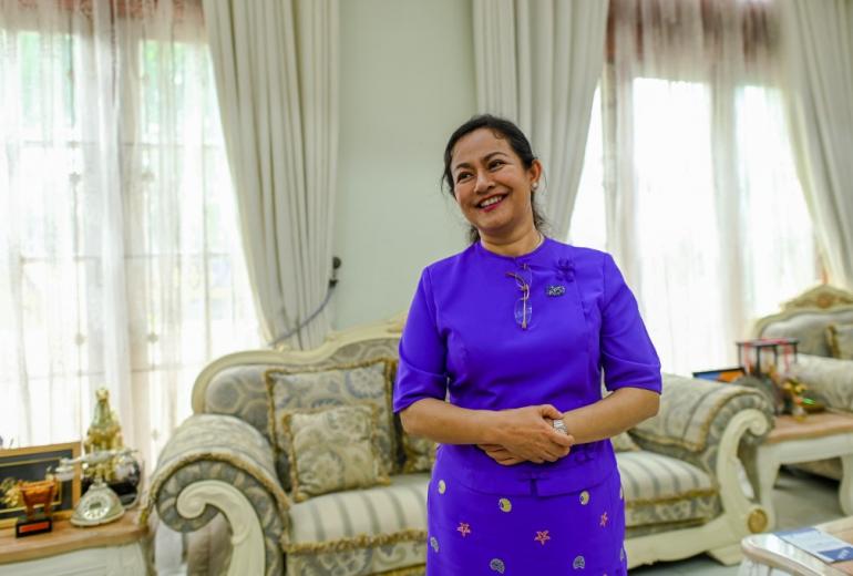  Thet Thet Khine, chairman of the People's Pioneer Party (PPP), talks during an interview in her house in Yangon. (Ye Aung Thu / AFP)