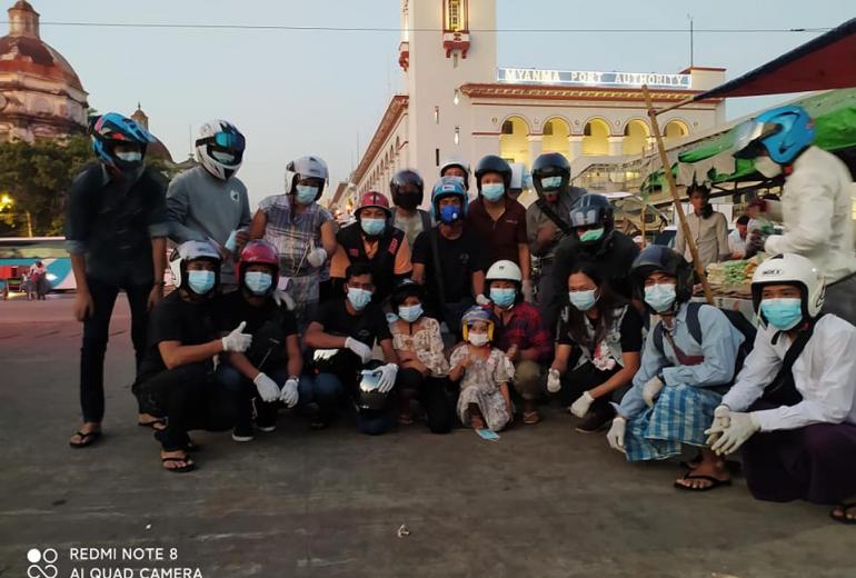 Members of activist group Yangon Bikers’ Revolution campaign near Pansodan Jetty in Yangon on January 18. (Supplied)