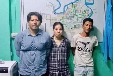 Myanmar actor Min Yar Zar (left) and his wife Phu Ngone Pwint with an unidentified man after being captured by the Democratic Karen Benevolent Army.
