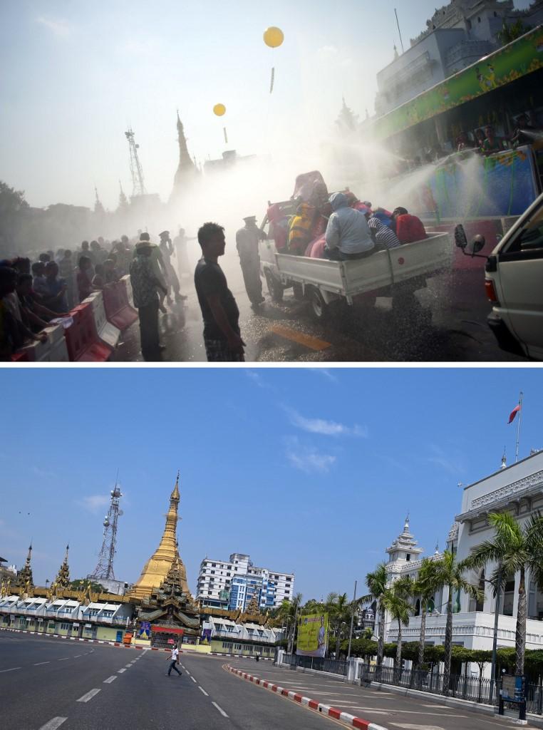 on April 13, 2014 (top) and a man walking on the street in front of the Sule Pagoda on the first day of Thingyan in Yangon on April 12, 2020. (Ye Aung Thu / AFP)