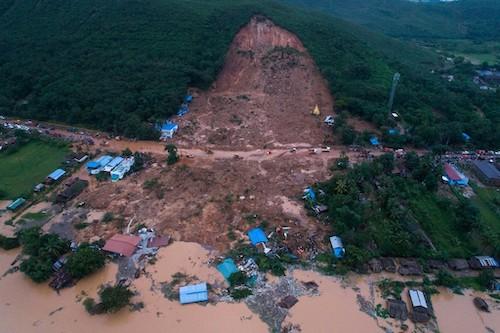 This aerial view shows a landslide in Paung township, Mon state on August 9, 2019. (Sai Aung Main / AFP)